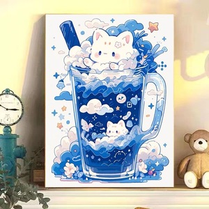 手工diy数字油画蓝色多巴胺可爱蝴蝶吸管杯猫卡通填充涂色装饰画