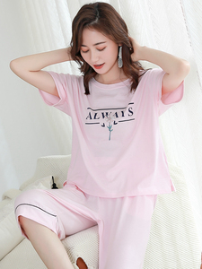 唯品会高档金黛儿2019夏季女士短袖中裤睡衣青年休闲可外穿棉质家