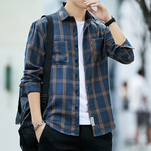 春季衬衫男修身格子长袖上衣内搭外穿打底衫青年帅气春装休闲衬衣