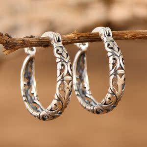 80小银匠传奇淘宝s925纯银耳环女天然和田白玉兰花镶嵌长款耳饰百搭