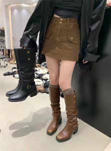 韩国东大门复古骑士靴女2023年新款冬季小众设计搭扣堆堆靴高筒靴