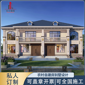 新农村自建房设计图纸欧式二层兄弟双拼别墅房子真房屋施工效果图