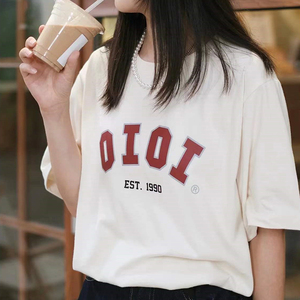韩国代购夏季oioi短袖t恤女圆领宽松小众设计感情侣纯棉半袖体恤