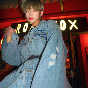 leman金俊 牛仔外套男ins潮春季款破洞情侣上衣超火cec百搭夹克衫