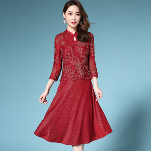 春秋装婚宴喜庆嫁女儿妈妈装洋气礼服假两件套裙大码显瘦连衣裙子