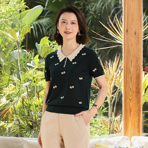 荷花池水淘宝丝衣菲919765女装2022春季新款时尚翻领天丝针织衫气质