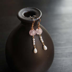 原创手工古风耳环天然粉晶铃兰花包流苏耳坠汉服配饰发饰饰品