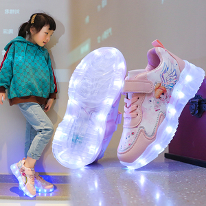 光澜充电跑马灯七彩发光鞋女童带灯亮灯运动儿童鞋子迪士尼公主鞋