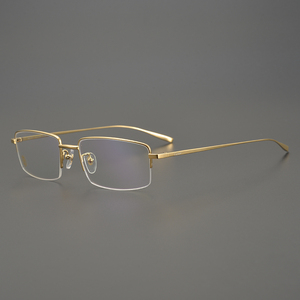 24k金纯钛眼镜架大脸男款商务半框细腿金丝边眼镜框金色近视眼镜