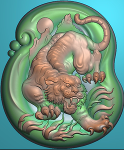 椭圆生肖 山水虎老虎 虎牌 下山虎精雕图jdp灰度图bmp浮雕图玉雕