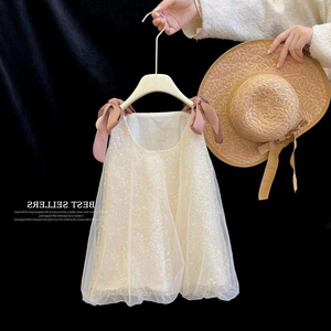 韩国女童连衣裙2024夏季新款洋气时髦网纱星空亮片吊带儿童公主裙