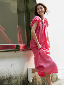 天丝苎麻|显白玫粉色|茧型无束缚感宽松短袖连衣裙夏 纯色裙子