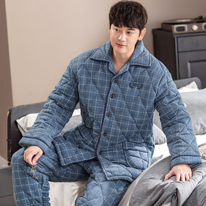 秋冬季男士三层加厚保暖夹棉睡衣中年男式棉袄冬天套装爸爸家居服
