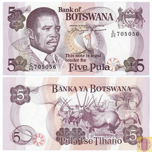 全新unc 1992年 博茨瓦纳5普拉 纸币 p-11a 非洲钱钞 稀缺品