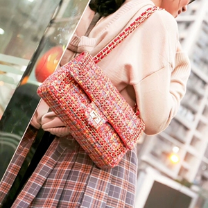 泡芙小姐女包编织包链条包复古布杂纹新款韩版斜跨手提女小方包包