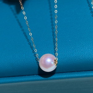 铭泰小二18k金海水akoya樱花粉路路通锁骨链珍珠吊坠女正圆礼物