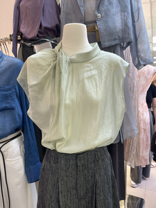 十三行夏装女2024新款韩系高级感立领衬衣无袖宽松扭结设计感衬衫