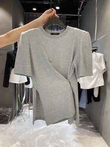 韩国东大门夏季新款设计感垫肩灰色开叉短袖t恤女高级感正肩上衣