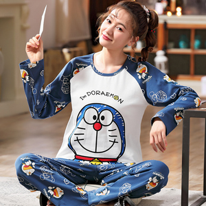 睡衣女春秋季纯棉长袖胖mm加肥加大码200斤哆啦a梦蓝胖子可爱新款