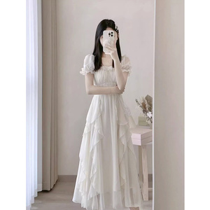 日本2023年夏季新款法式方领高级感仙女连衣裙女白色温柔风长裙子