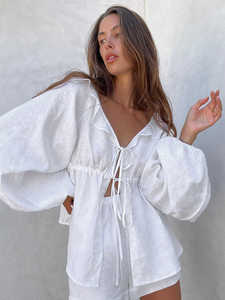 2024欧美新款棉麻白色灯笼长袖荷叶领上衣短裤套装夏季女装两件套