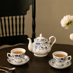 骨瓷复古青花杯碟 咖啡杯子红茶下午茶杯碟 中古风ins陶瓷茶具