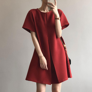 红色连衣裙女夏小个子短裙大码宽松遮肉显瘦 A字娃娃裙礼服敬酒服