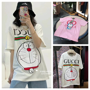 代购gucci古驰21春夏新款哆啦a梦系列叮当猫印花圆领短袖t恤男女