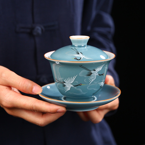 盖碗茶杯单个陶瓷大号三才泡茶碗功夫茶具家用颜色釉霁蓝仙鹤套装