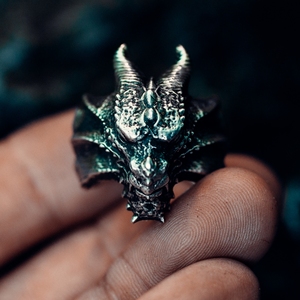 帝骁原创设计银饰欧美龙头指环手工做旧男女s925纯银个性魔龙戒指