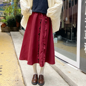 9073人付款淘宝秋冬季灯芯绒半身裙酒红色复古中长款开衩设计a字裙