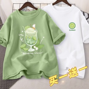 绿色短袖t恤女夏季2023年新款宽松洋气百搭初中学生上衣夏装体恤