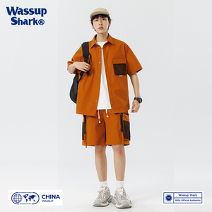 WASSUP SHARK夏季休闲套装男工装短袖衬衫一套装日系宽松搭配衣服
