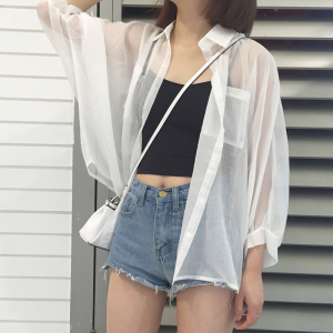 白色衬衫女夏季新款韩版宽松薄款防晒衣篇幅袖设计感小众长袖上衣