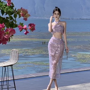 紫色沙滩裙亮片抹胸开叉半身裙显瘦私房度假鱼骨套装度假连衣裙