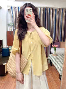 黄色泡泡袖棉麻短袖衬衫女夏季薄款别致漂亮设计感衬衣娃娃衫上衣