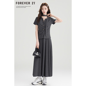 Forever21 夏季新款褶皱修身短袖T恤上衣女灰色高腰半身裙两件套