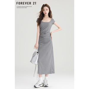 Forever21 休闲时尚灰色褶皱短袖连衣裙女夏季新款修身包臀长裙子