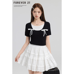 Forever21 黑白撞色拼接假两件设计感T恤女夏季新款蝴蝶结上衣