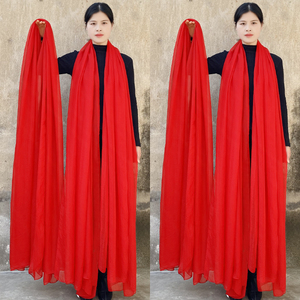 纯色雪纺沙滩巾女3米超大中国红丝巾长款红色纱巾秋冬季披肩围巾
