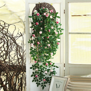 仿真玫瑰花藤吊兰墙面遮挡壁挂装饰绿植假花藤条空调管道挂花吊花