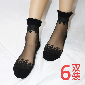 6双防滑纯棉底丝袜短袜女黑丝水晶袜薄款蕾丝花边中筒玻璃丝袜子