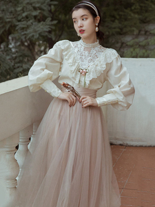 重工欧洲庄园写真在逃公主宫廷风复古着vintage蕾丝衬衫长裙套装