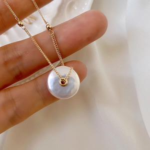 单颗纽扣天然巴洛克珍珠平安扣吊坠美国14k包金项链锁骨链ins女夏