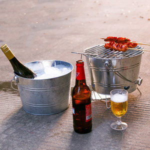 户外烧烤铁皮桶 复古便携式手提烧烤架 木炭烤炉啤酒冰镇桶两件套