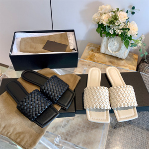2022夏季新款bv平底拖鞋编织时尚方头露趾百搭沙滩一字菱格女凉拖