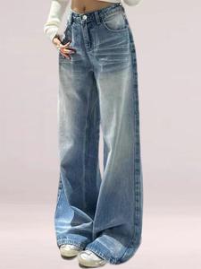 美式高街vibe风抓痕阔腿牛仔裤子女夏季新款高腰直筒设计感拖地裤