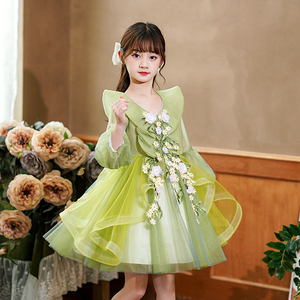 儿童礼服公主裙女童蓬蓬裙小主持人绿色长袖演出服幼儿园表演裙子
