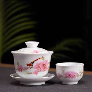 7501瓷系列手工手绘水点桃花三才盖碗盖杯/功夫茶具zjl伊的家68000