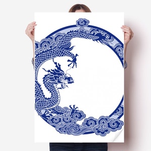 中国文化蓝色龙海报贴纸80x55cm墙贴纸卧室家居装饰
